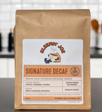 Sleepin' Joe Signature Decaf coffee package on a kitchen counter